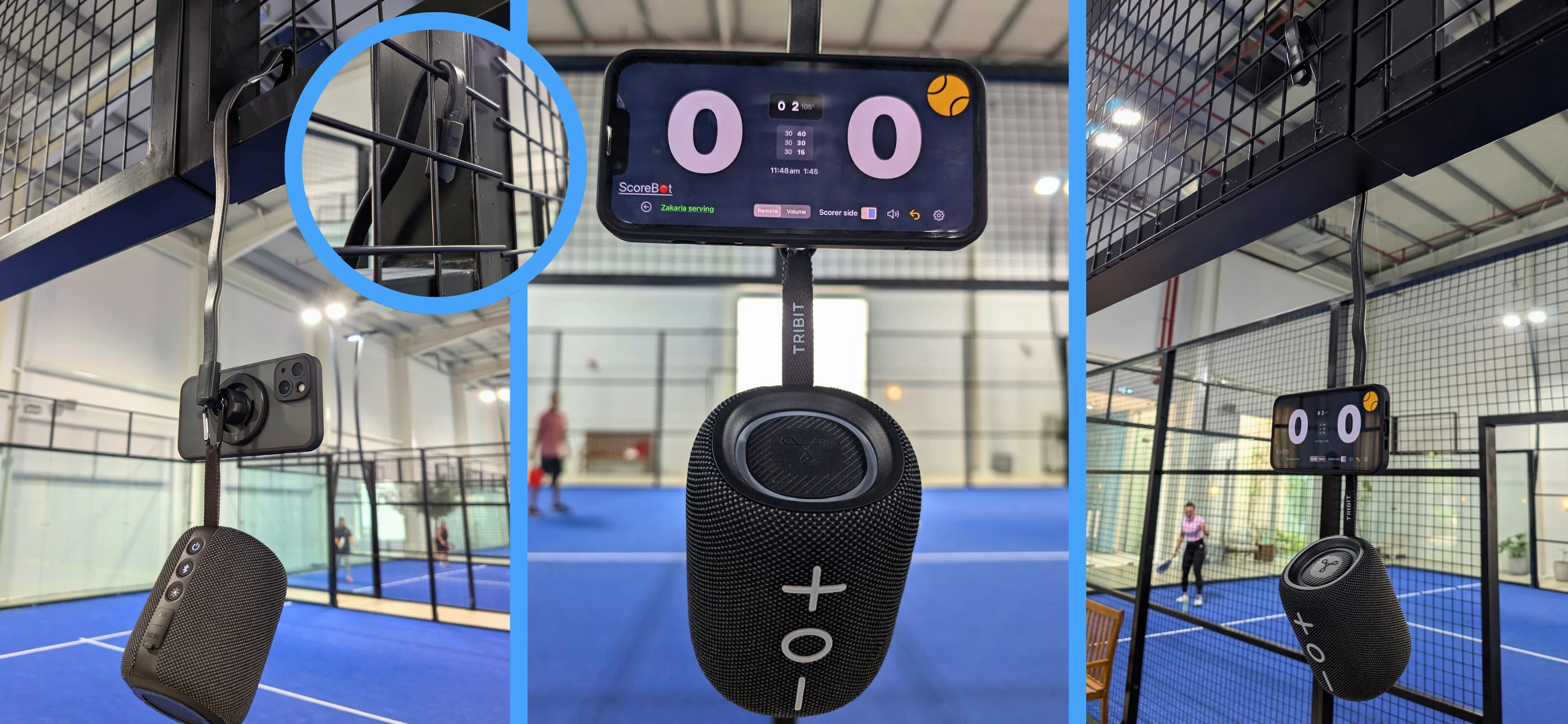 Court-side mounting setup showing phone with ScoreBot app and Bluetooth speaker